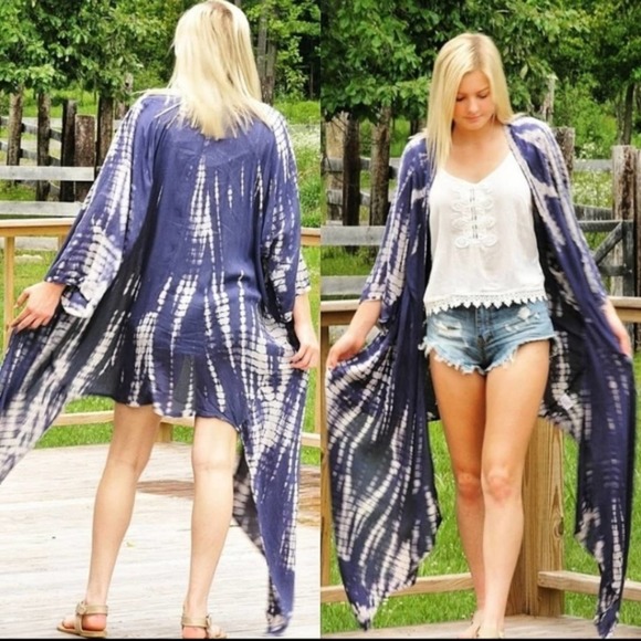 Boho Tie Dye Kimono Blue and White - Picture 2 of 4